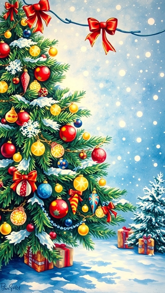 Realistic Christmas Drawing Techniques A realistic Christmas drawing of a decorated tree with lights and ornaments against a snowy background.